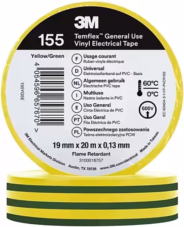 Cinta Aislante PVC 3M Temflex 155 19x20m Color Amarillo/Verde