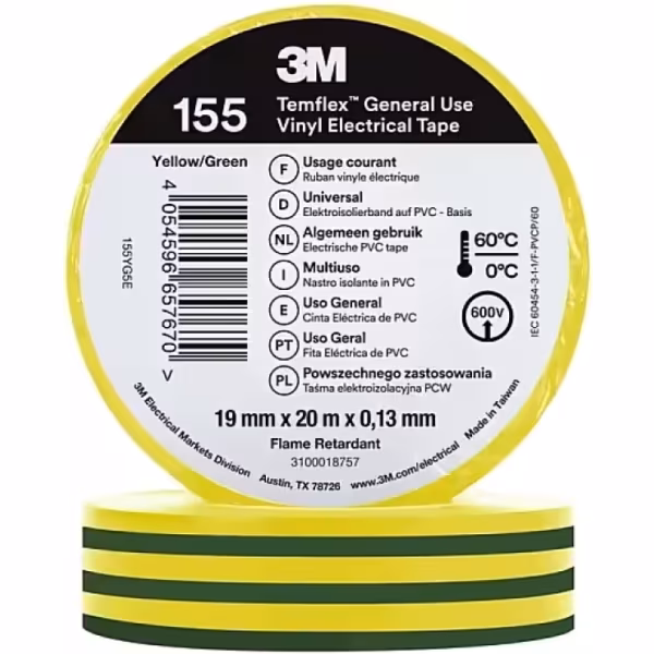 Cinta Aislante de PVC 3M Temflex 155 19 mm x 20 m Amarillo/Verde